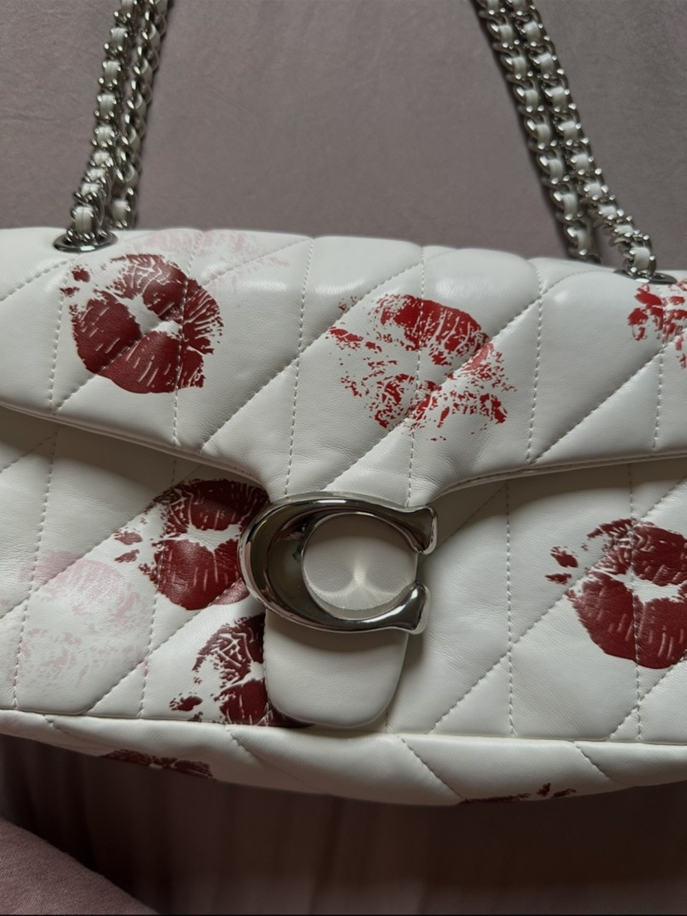 White Quilted Shoulder Bag with Red Lip Print